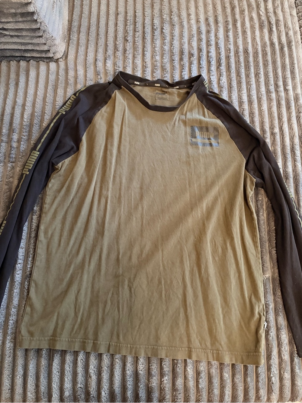 Puma Long Sleeve Raglan Tee in Olive and Black